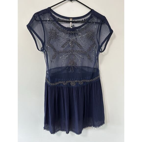 Free People Women's Top Blouse Navy Beaded Sheer Mesh Boho Embroidery Size SMALL - Picture 1 of 9